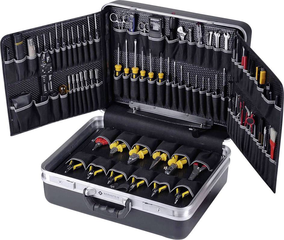 Tool case with open compartments, filled with various tools such as screwdrivers, pliers, and spanners.