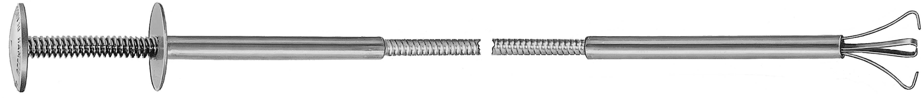 Metal grab tongs with a flexible, spring-loaded handle. Used for grasping objects in hard-to-reach places.