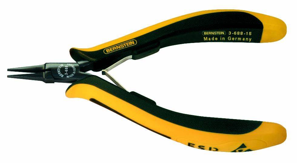 A black and yellow flat pliers with 'Bernstein' and 'Made in Germany' printed on the handles.