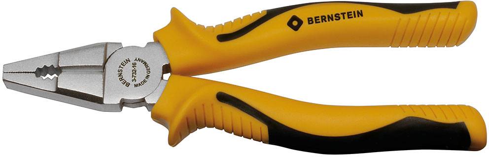 Yellow hand pliers with brand logo on the handles. The pliers have serrated gripping surfaces. Suitable for manual craftsmanship.