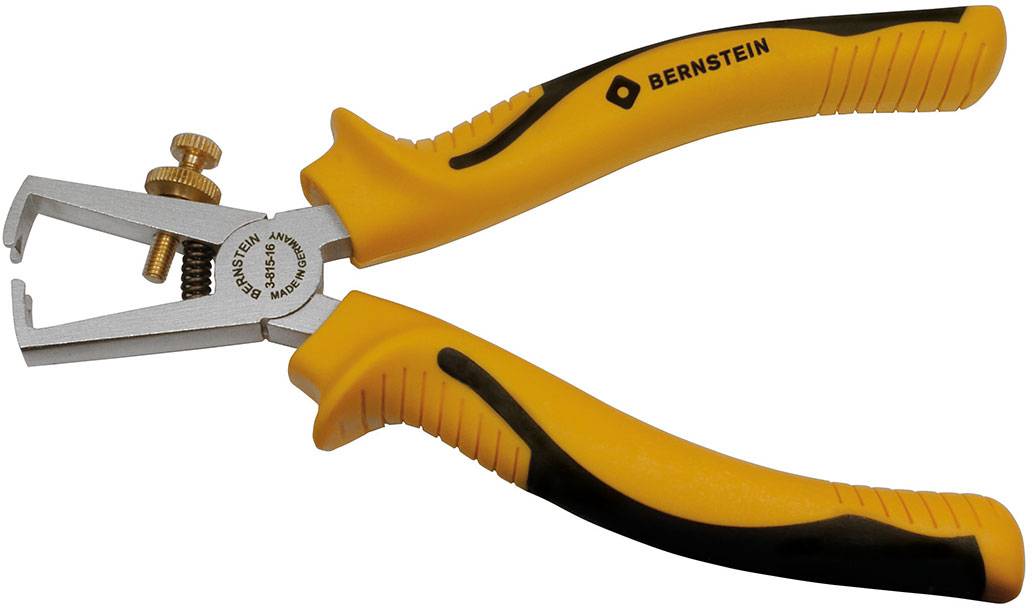 Yellow and black wire stripping pliers with an adjustable screw, brand name 'Bernstein' on the handle. Used for removing insulation.