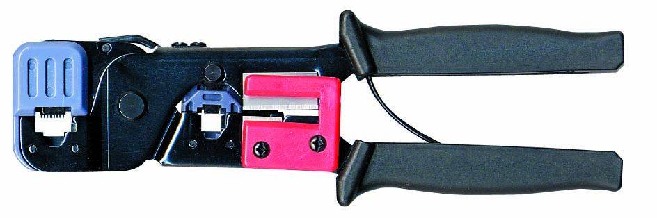 Wire strippers and crimping tool for network and telephone cables, with black handles and multiple attachments for cutting and crimping.