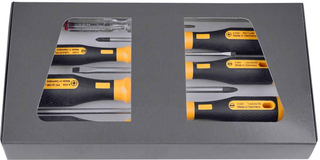 Set of screwdrivers in a black packaging with a transparent window. Contains five screwdrivers with yellow and black handles.