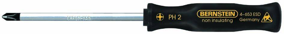 Phillips screwdriver with black handle and 'BERNSTEIN PH 2' printed on it.