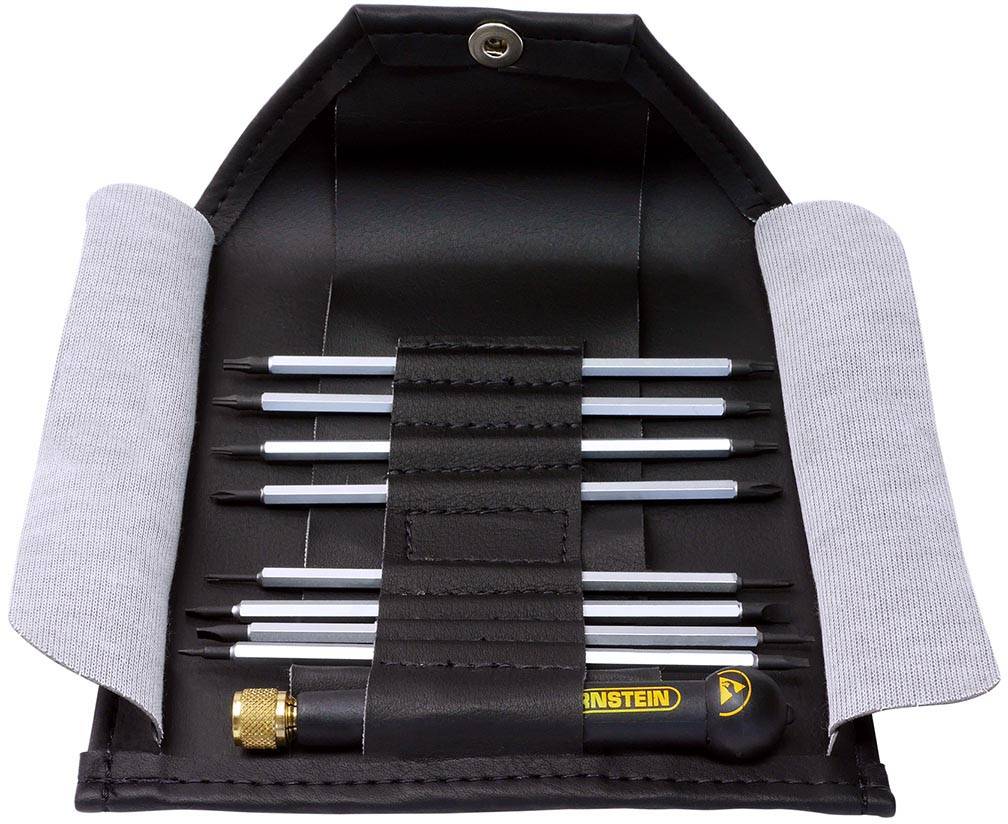 Open case with several precision tools and a screwdriver; tools are securely fastened.