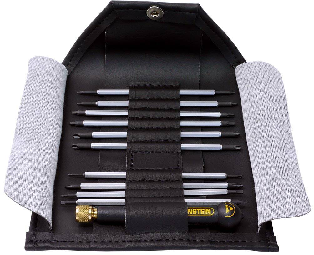 A tool set in an open black bag with multiple screwdrivers in various sizes and a handle featuring the 'Wiha' logo.