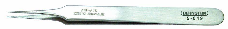 Stainless steel tweezers with a fine point, stamped with 'ANTI-ACID STAINLESS STEEL FITTINGS' and 'BERNSTEIN 5-049'.