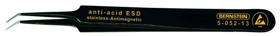Black tweezers with curved tips, labelled 'anti-acid ESD' and 'Amber 5-052-13', suitable for delicate work.
