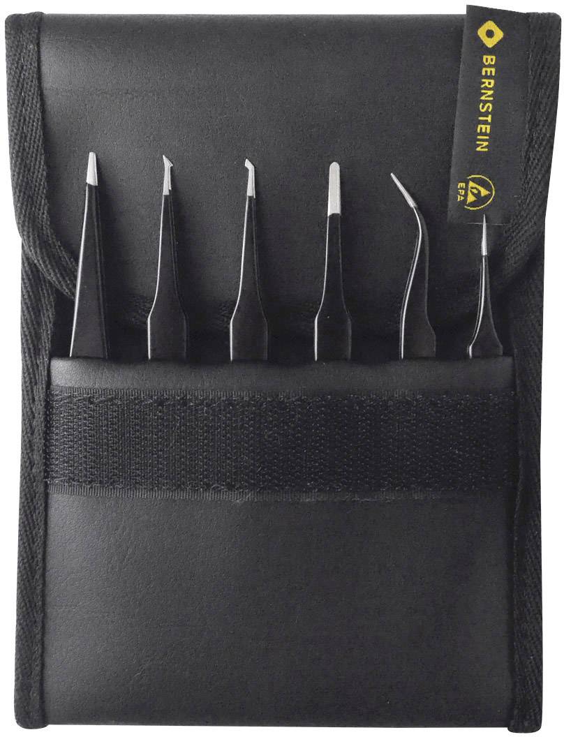 Black case with six precision metal tweezers. A label with the inscription 'Bernstein' is affixed to the side.