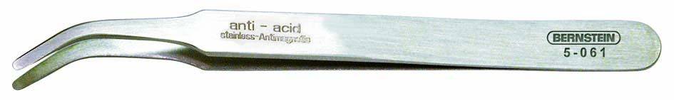 A sharp, curved metal tweezers with the inscription 'anti-acid obstinate vehicle corrosion' and 'BERNSTEIN 5-061'.