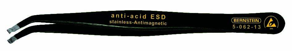 Black, anti-magnetic ESD tweezers made of stainless steel with 'anti-acid' inscription, product number '5-062-13', brand 'BERNSTEIN'.