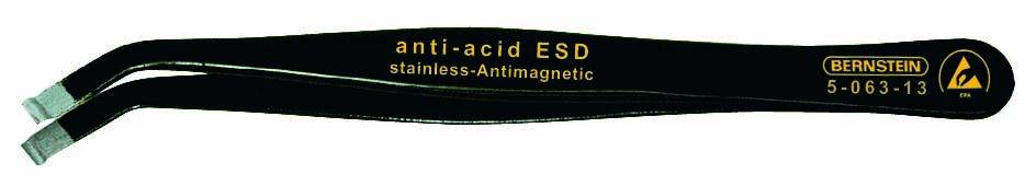 Anti-acid ESD tweezers made of stainless steel, anti-magnetic; black surface; Model number 5-063-13; Brand Bernstein.