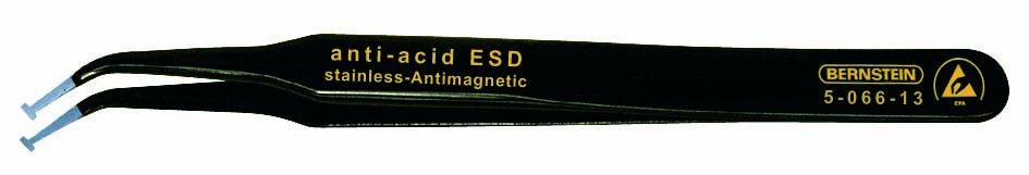 Tweezers with curved end, labelled 'anti-acid ESD stainless-Antimagnetic', Bernstein brand, model number 5-066-13.