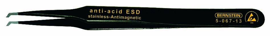 Stainless steel 'Anti-acid ESD' tweezers, anti-magnetic, black finish, Bernstein brand, model number 5-057-13, side view.