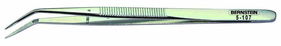 Pictured is a silver, tapered tweezers with a curved end, suitable for precision work, bearing the inscription 'Bernstein 5-107'.