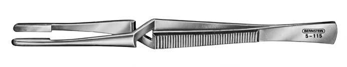 A silver, ribbed medical instrument with the inscription 'b-115', presumably a pair of tweezers or forceps.