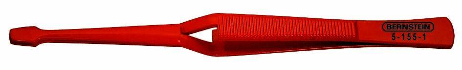 Red, anti-static plastic tweezers with textured grip and 'BARNSTEN' printed on them.