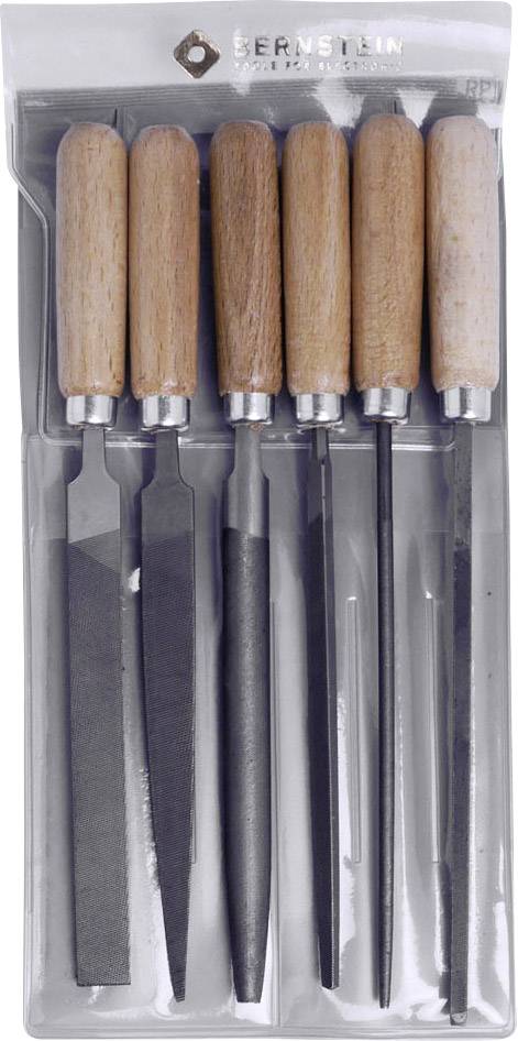 A set of six metal files with wooden handles in a clear plastic packaging.