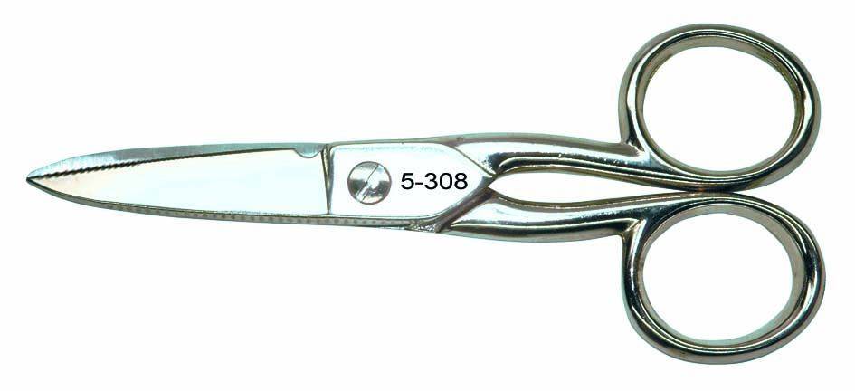 A small, shiny metal scissors with slightly curved blades, with '5-308' engraved on one of the blades.