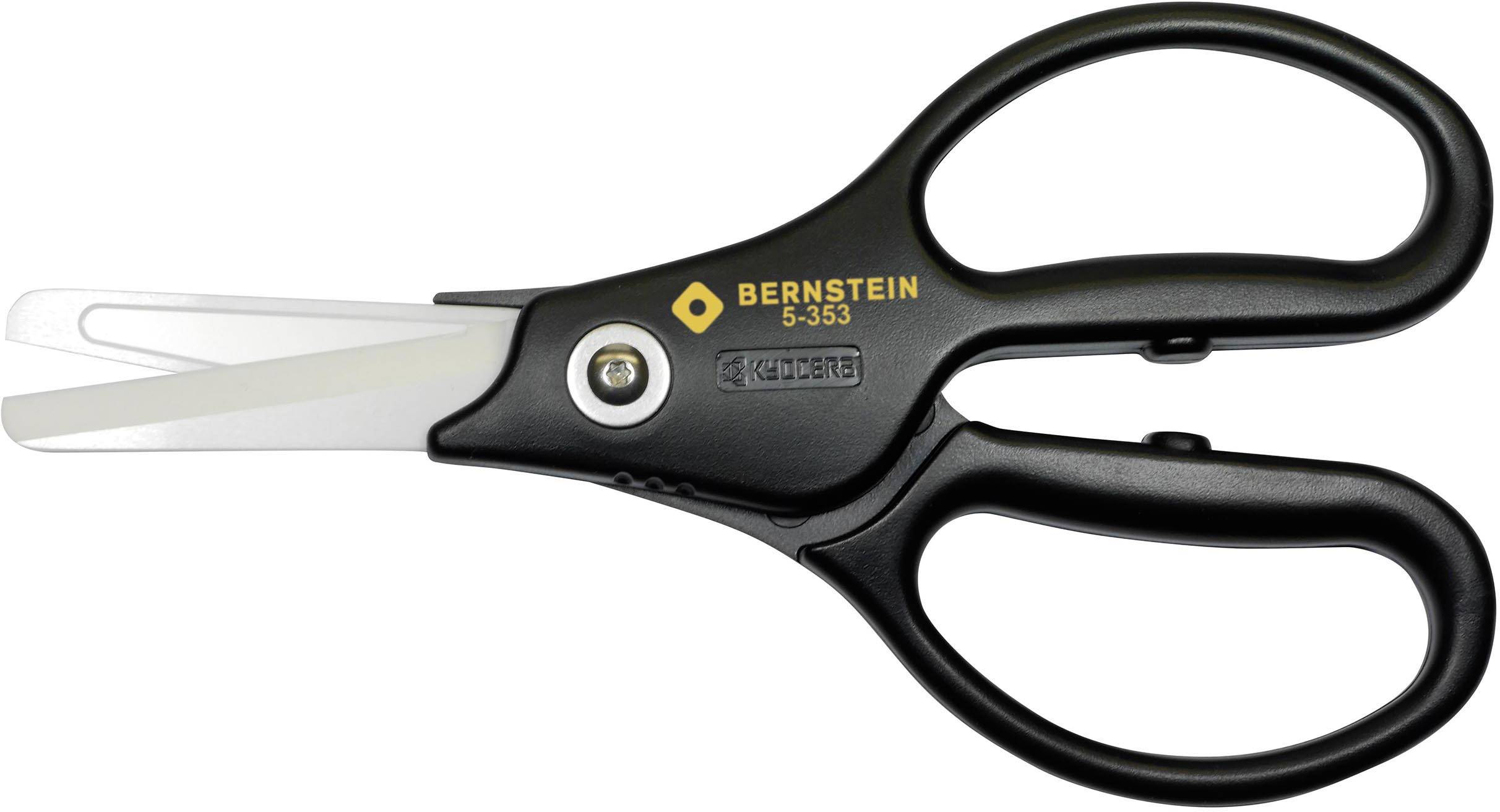 Black scissors with a curved stainless steel blade and plastic handles, with the 'Bernstein' brand engraved on the side.