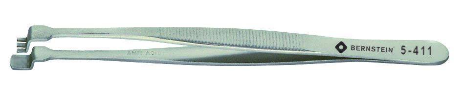 Silver tweezers with a ridged handle and angled tip, with the inscription 'BERNSTEIN 5-411' on the side.