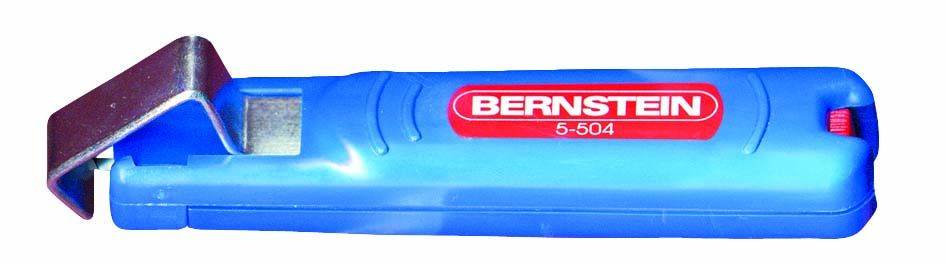 A blue, handy plastic deburring tool with a pivoting metal blade, labelled with 'BERNSTEIN 5-504' in a red field.