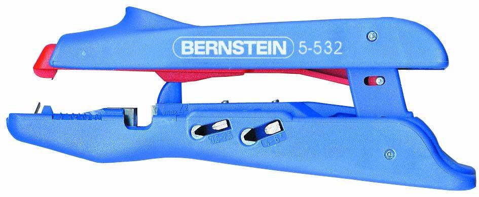 A blue wire stripper with the inscription 'Bernstein 5-532', red slider and adjustable blades. Suitable for stripping cables.