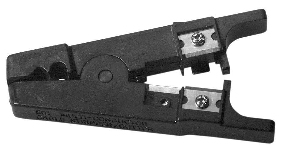 A black cable stripping tool lies on a white background. It has blades and adjustment screws.