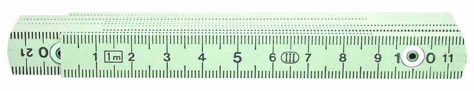 A green folding ruler with metric markings from 0 to 10 cm lies folded.