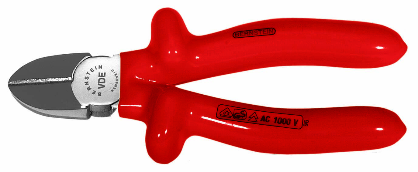 Side cutters with red, insulated handles. Suitable for work up to 1000 volts, in accordance with VDE standards.