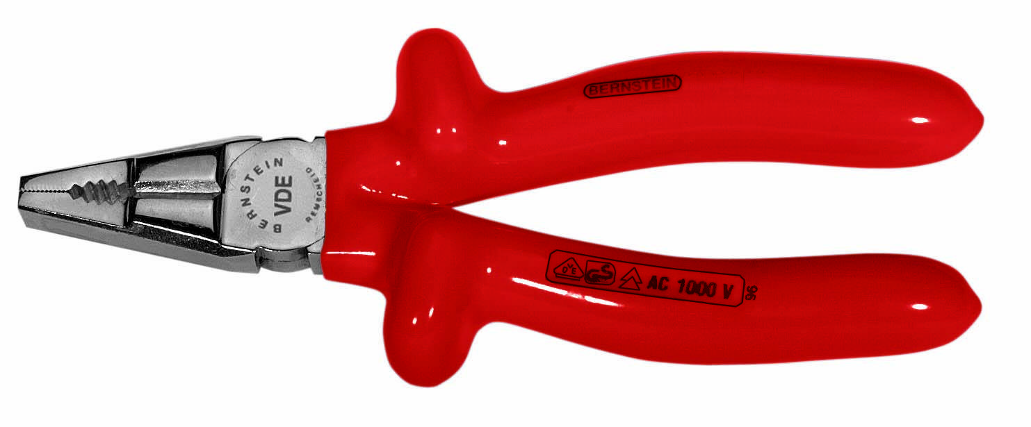 Fully VDE-certified combination pliers with insulated handles, suitable for electrical work up to 1000V.