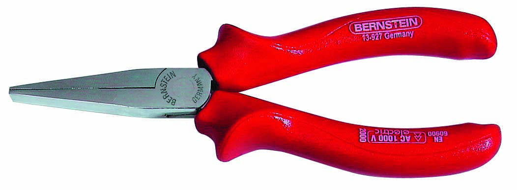 Red, flat-nosed pliers with 'Bernstein Germany' inscription on the handle, suitable for precise gripping and cutting work.