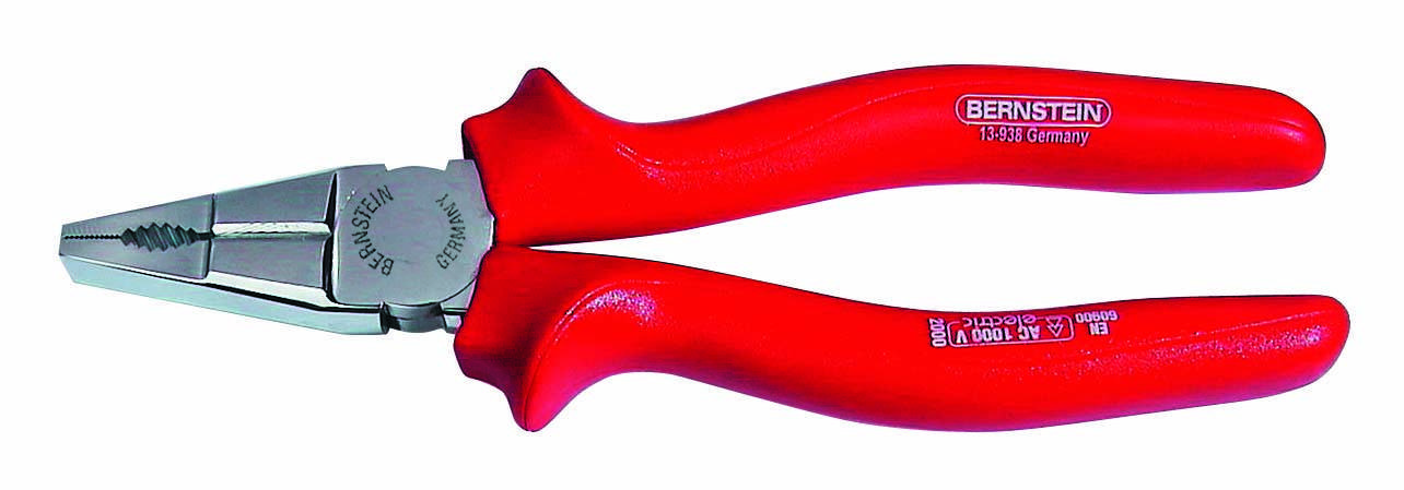 Red combination pliers with insulated handle, suitable for electrical work, manufactured in Germany.