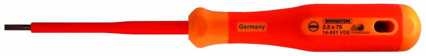 Insulated screwdriver with a red handle and black tip. Marking on handle: 'VDE 2.5 x 75 1000V'.