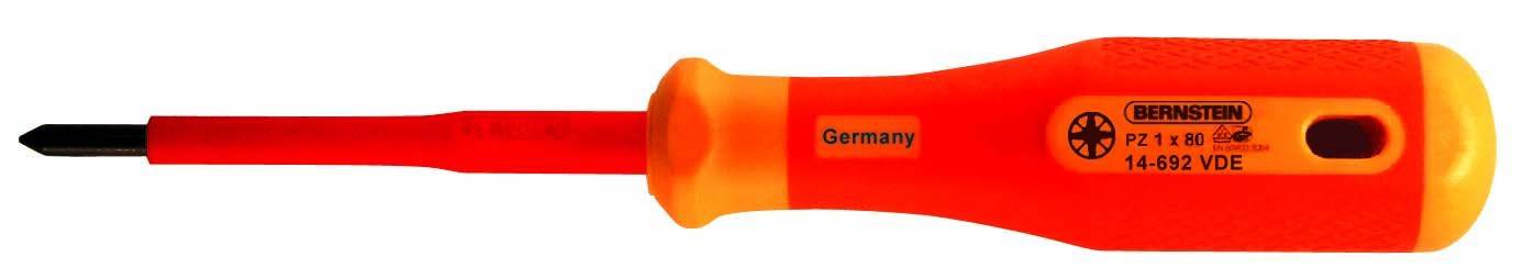 Orange-roter Schraubendreher mit isoliertem Griff und 'VDE' Aufschrift, geeignet für elektrische Arbeiten.