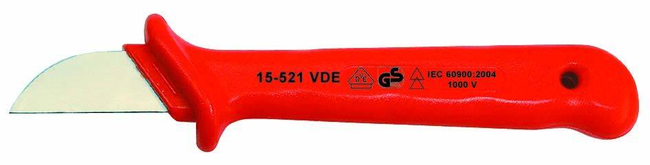 A red wire stripping knife with an insulated handle and marking '15-521 VDE', suitable for up to 1000 V, for safe wire stripping.