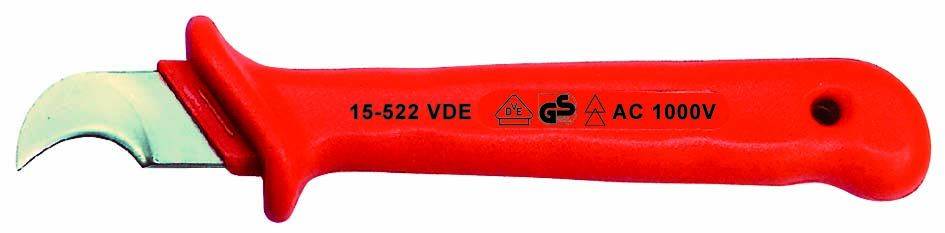 A red wire stripping knife with an insulated handle, marked with '15-522 VDE' and 'AC 1000V', for safe working on electrical cables.
