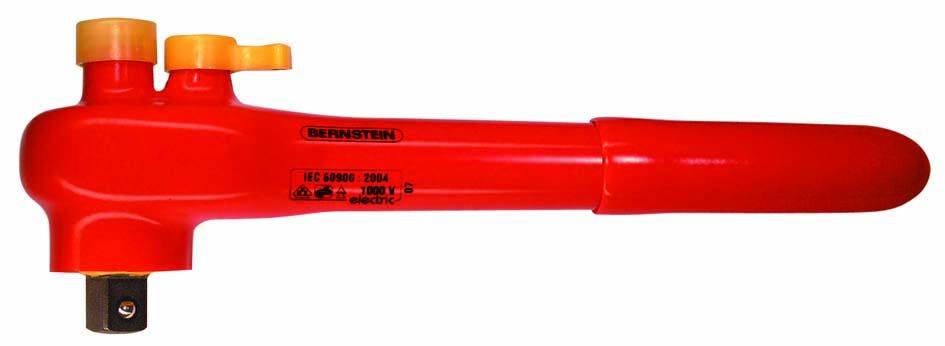 Red isolated rotary tool with a yellow switch, suitable for work on live parts up to 1000 volts.