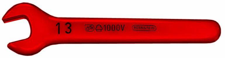 An isolated ring spanner in red with the number 13, suitable for work up to 1000V, with safety and brand markings.