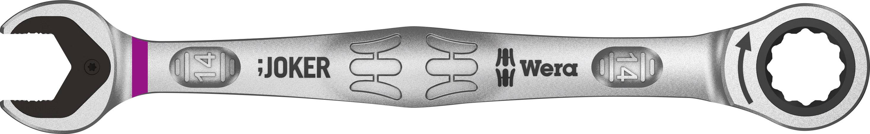 A silver ratchet spanner with a branded 'Joker' name from Wera, highlighted with black and pink details.