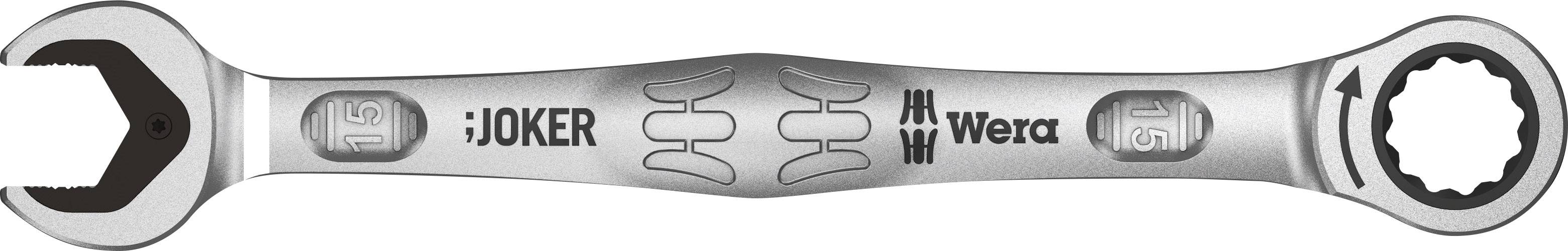 Spanner with the inscription 'Joker' and 'Wera', featuring various corner profiles for different screws.