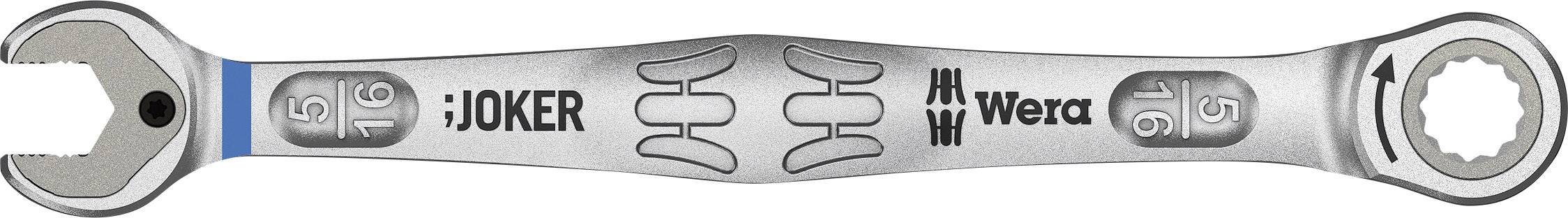 A silver adjustable spanner with an open and closed end, marked with 'JOKER' and 'Wera', demonstrates an ergonomic design.