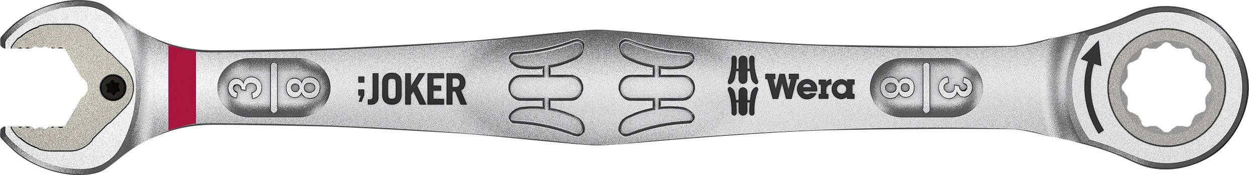 A silver adjustable spanner with rounded ends, printed with 'Joker' and 'Wera'.