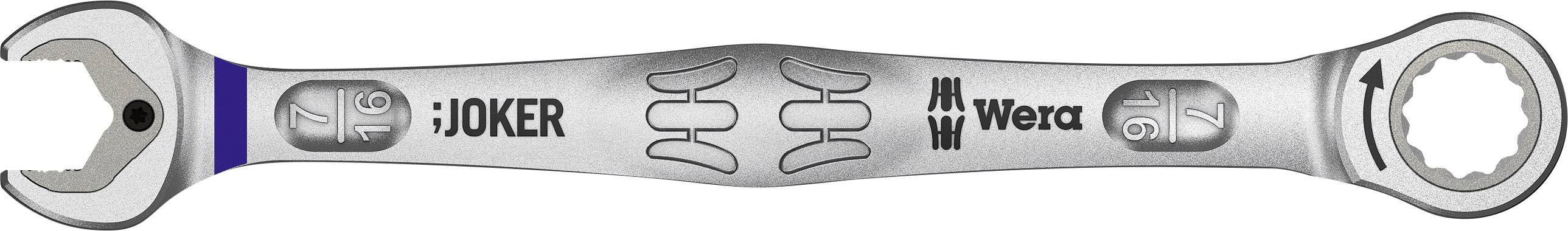 A silver Wera 'Joker' combination spanner with anti-slip elements and metric sizes '19' and '22'.