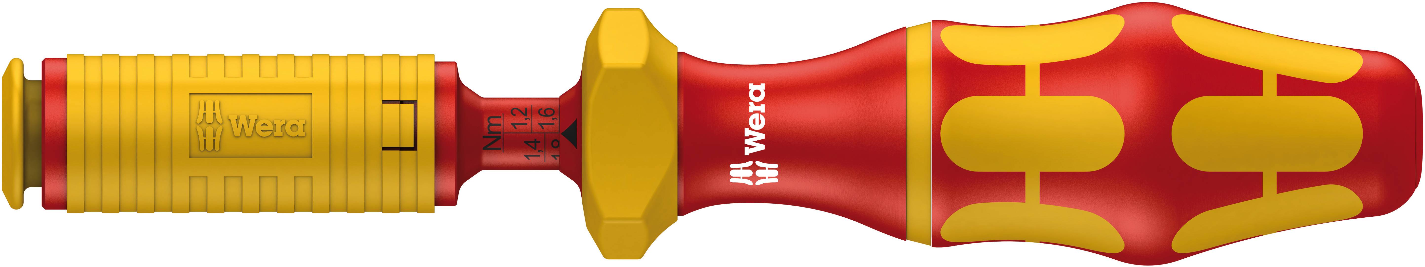 Insulated screwdriver with yellow and red handle and embossed Wera logo, suitable for electrical work.