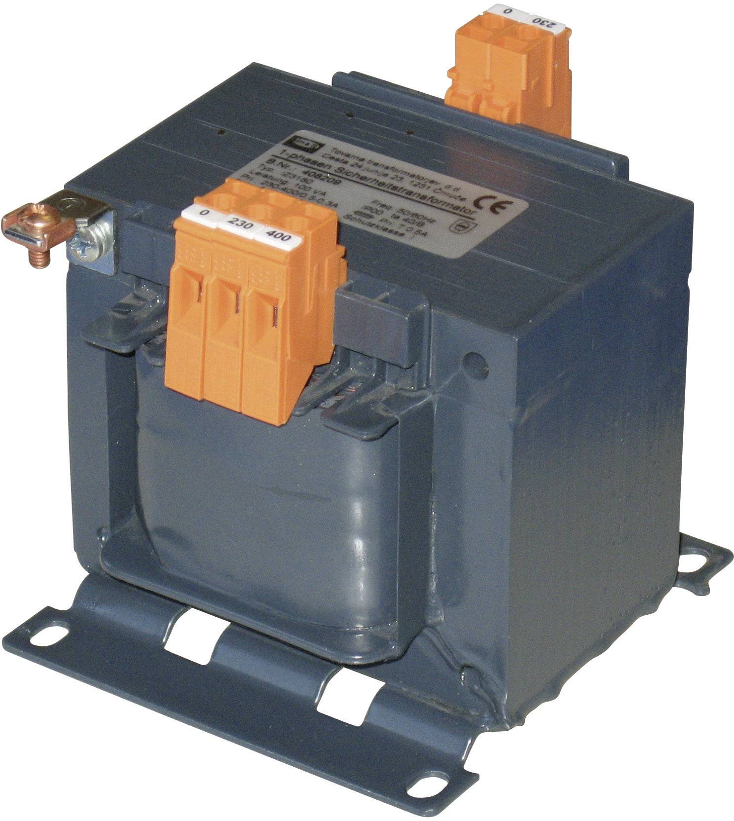 A blue transformer with orange terminals and a product label, mounted on a base plate, in an industrial setting.