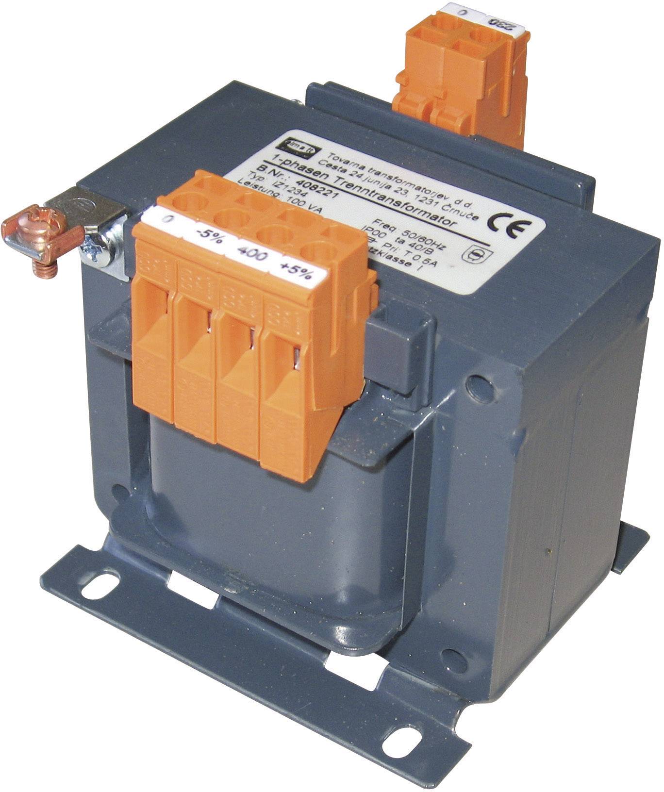 A transformer with orange connection terminals and a label on the top surface. The device is mounted on a metal base.