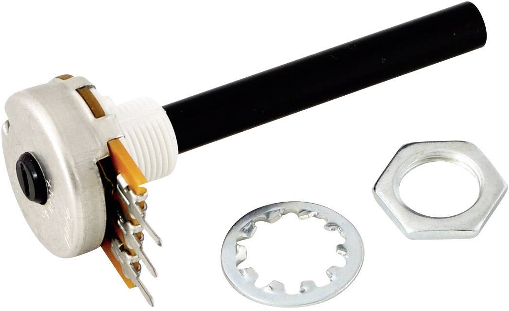 A metallic rotary control knob with multiple pins, accompanied by a toothed washer and a nut.