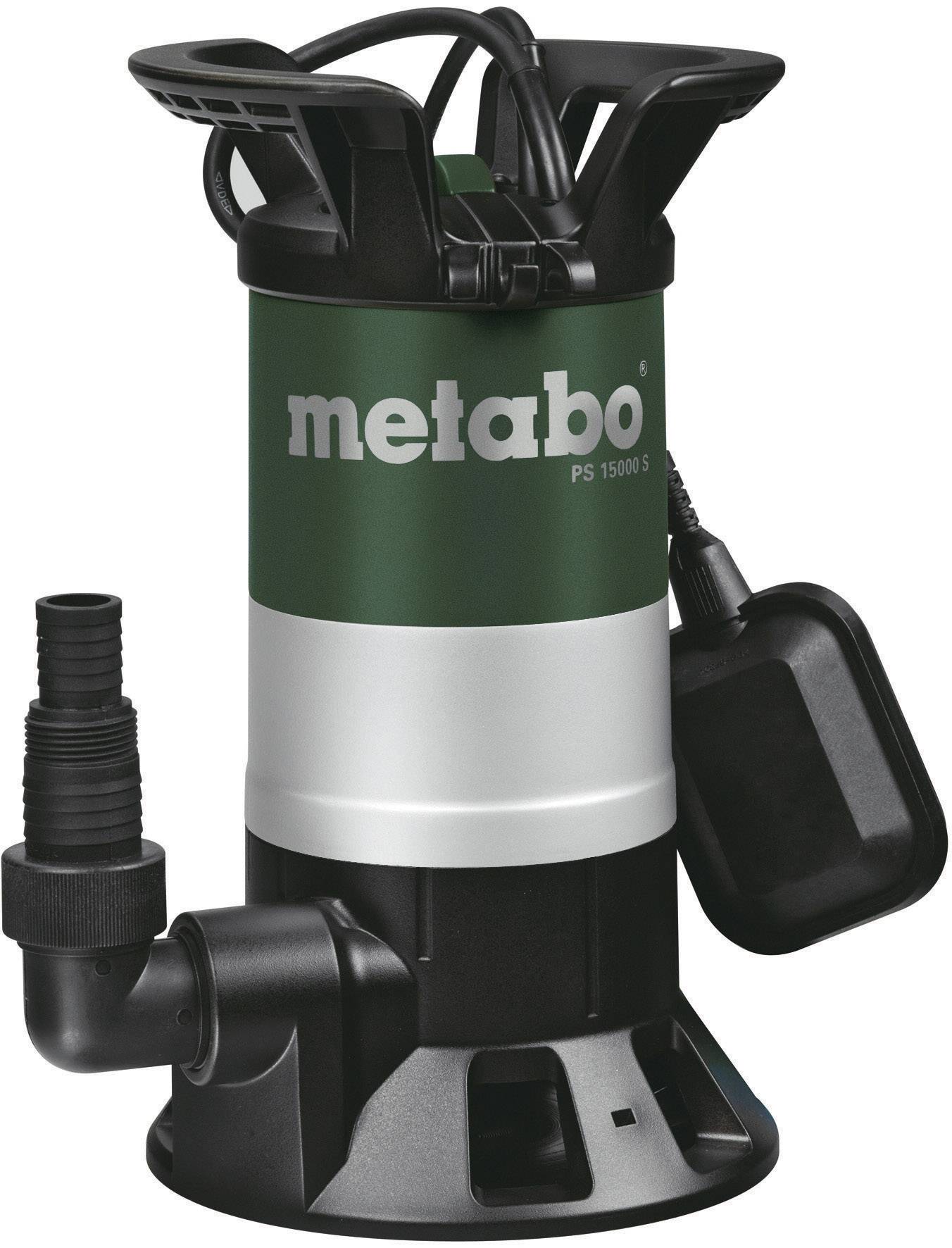 The image depicts a green and black submersible pump by Metabo, model PS 15000 S, with an integrated float switch and connection stub.