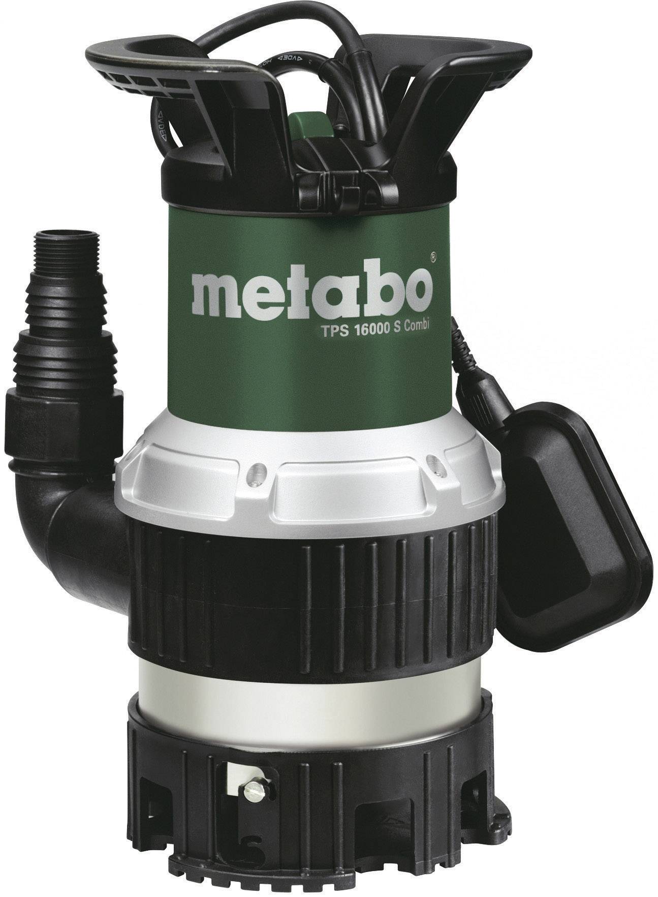 'Metabo Submersible Pump TPS 16000 S Combi' with black and green casing. Used for pumping water.